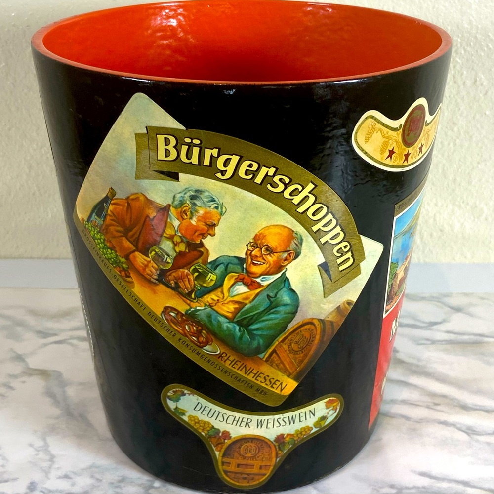 Vintage Champagne bucket covered in Advertising/ Bottle Labels 8.5 x 7.5
